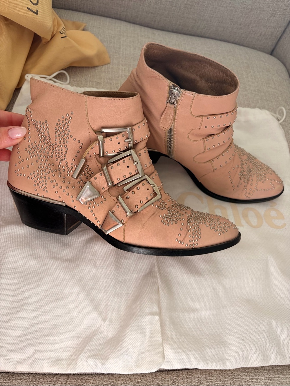 Chloe Susanna Pink Studded Leather Ankle Boots with Buckles Size 35